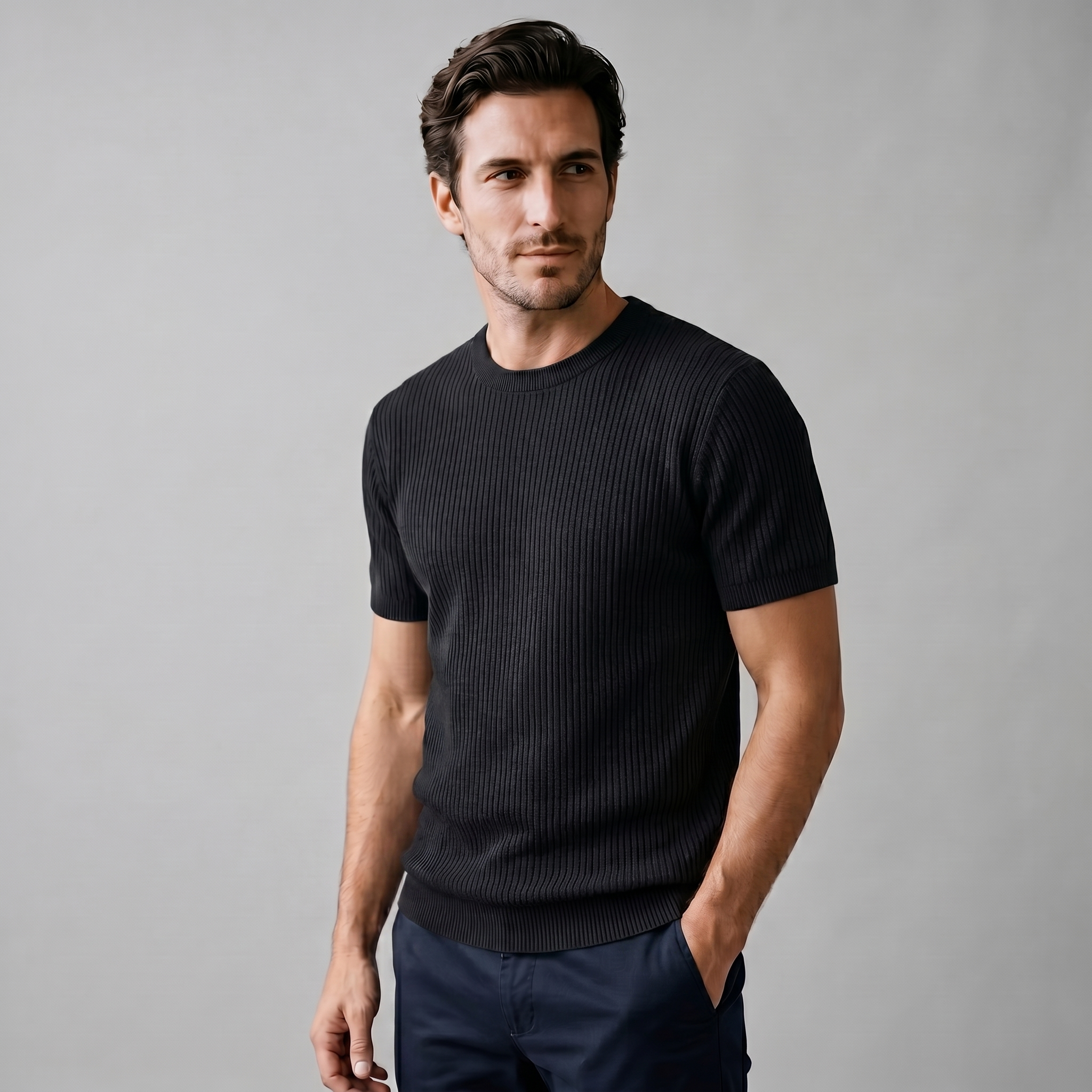 Camiseta de Malha Fina com Gola Redonda
