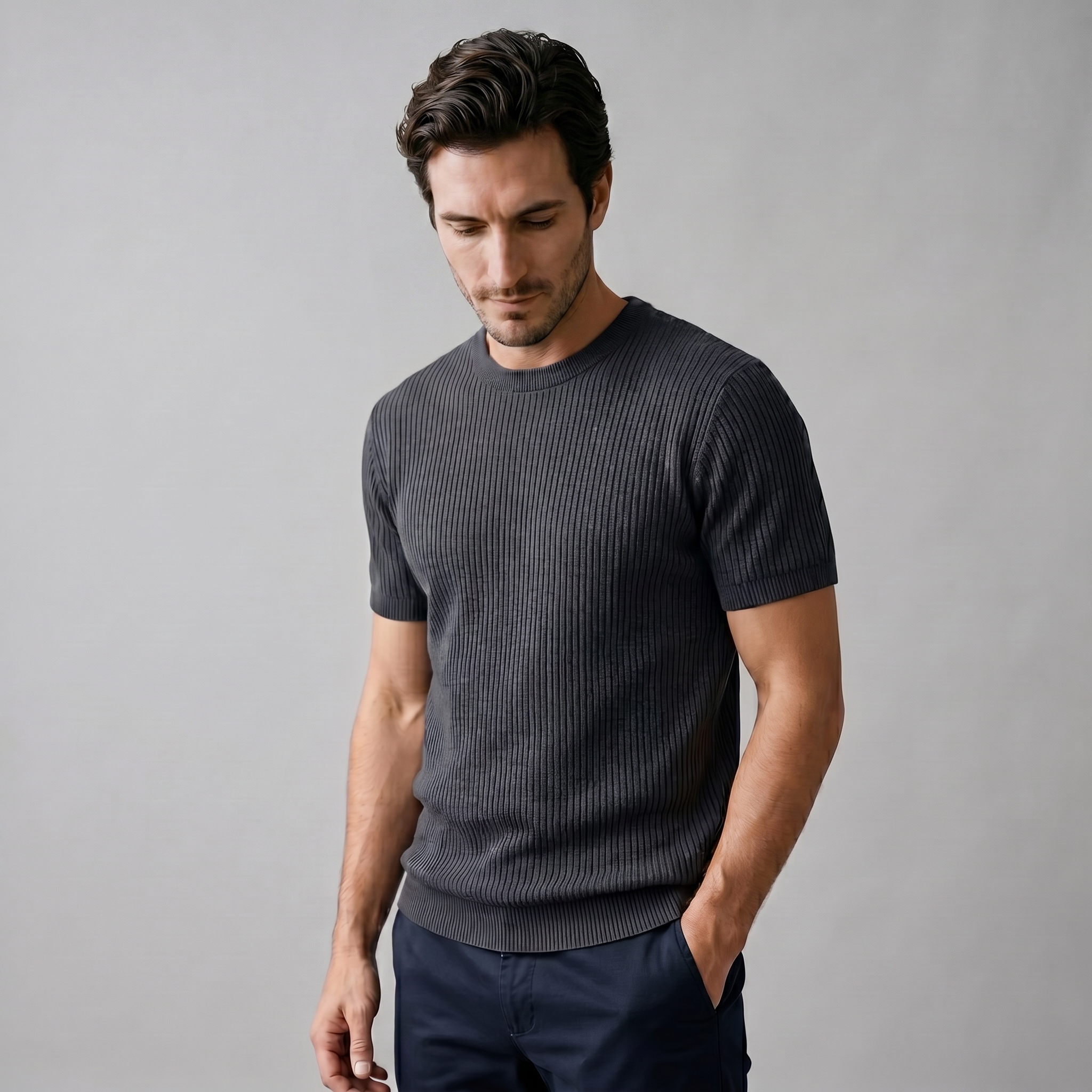 Camiseta de Malha Fina com Gola Redonda