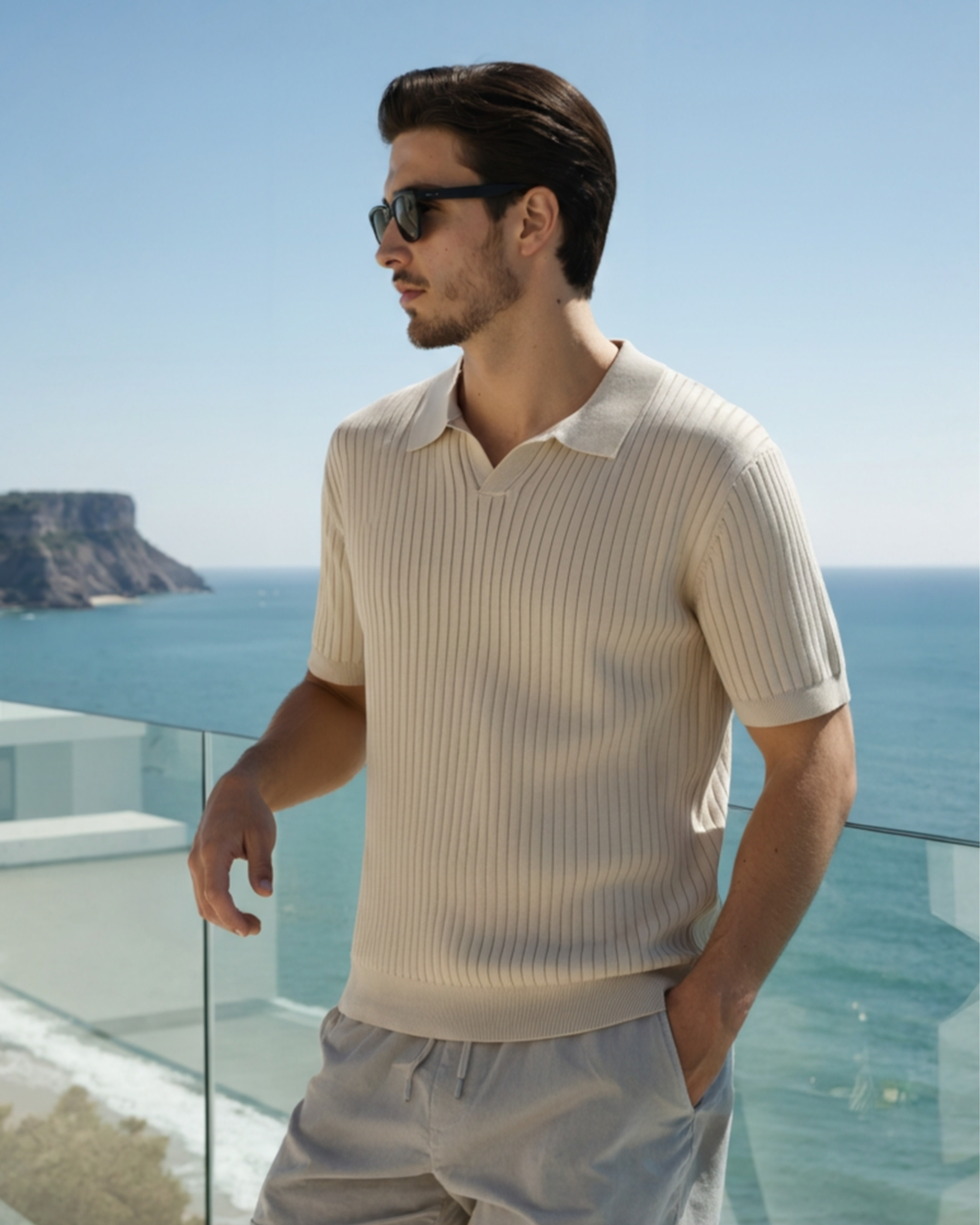 Pánské polo z žebrovaného úpletu s krátkými rukávy a otevřeným límečkem, slim fit