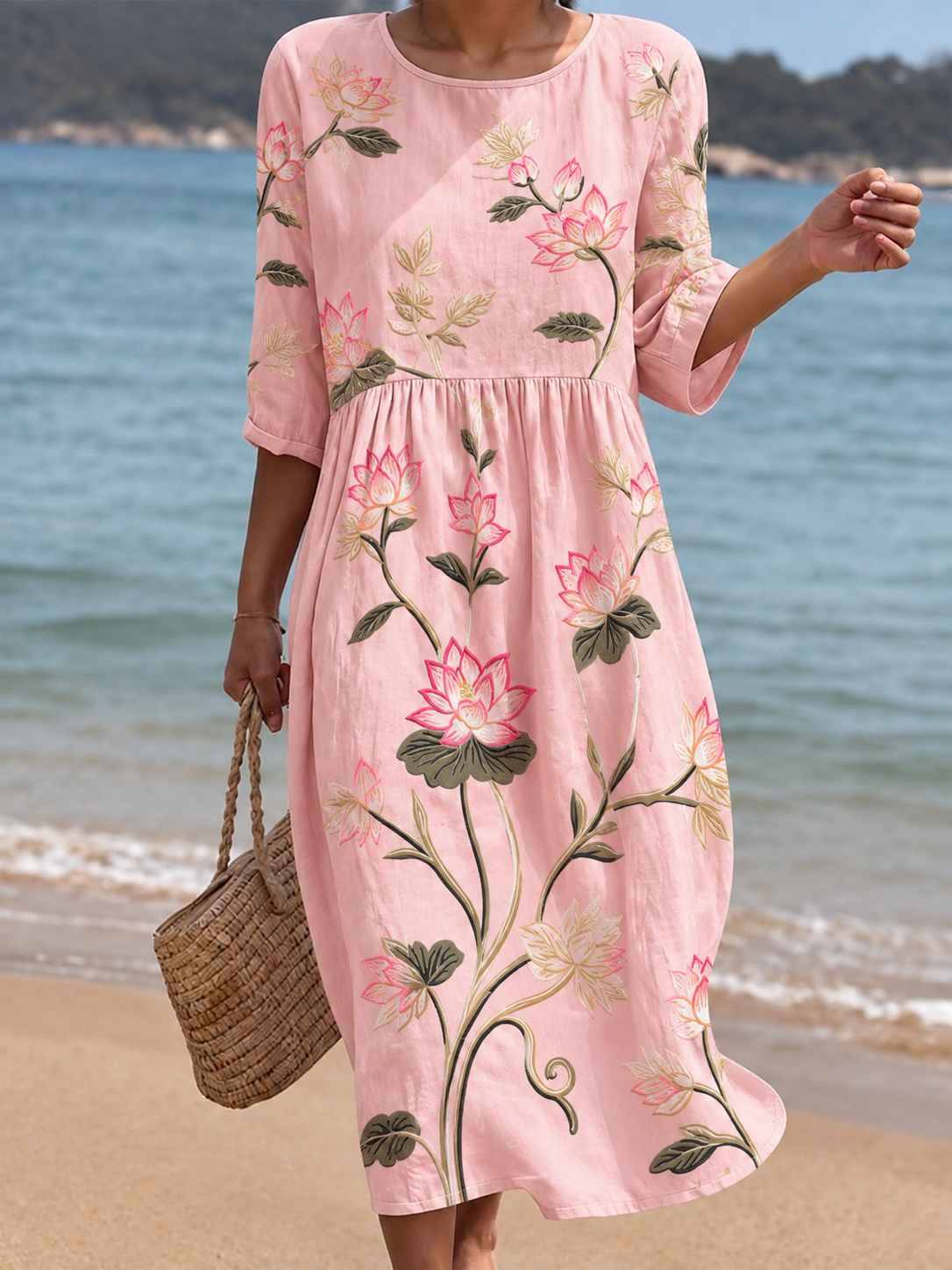 Women's Midi Dress with Floral Embroidery and Round Neck