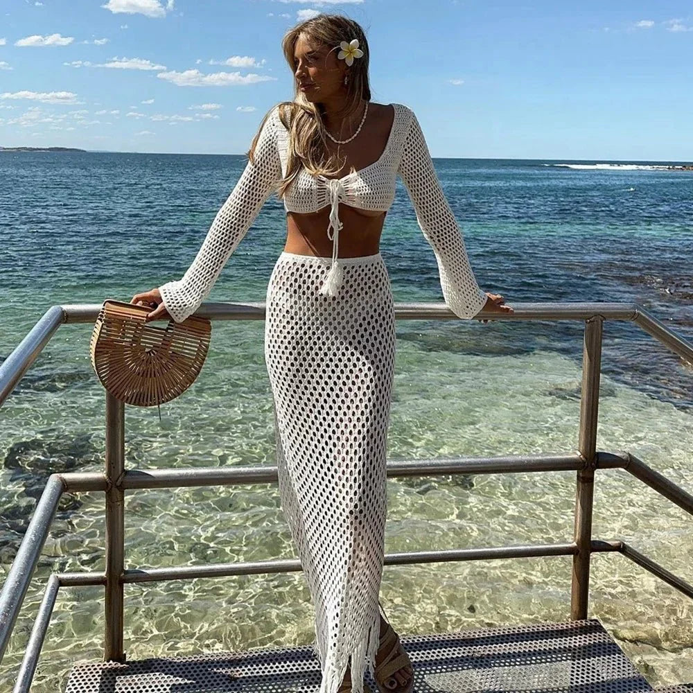Paréo Ensemble Jupe et Top Manches Longues en Crochet et Beach Cover Up