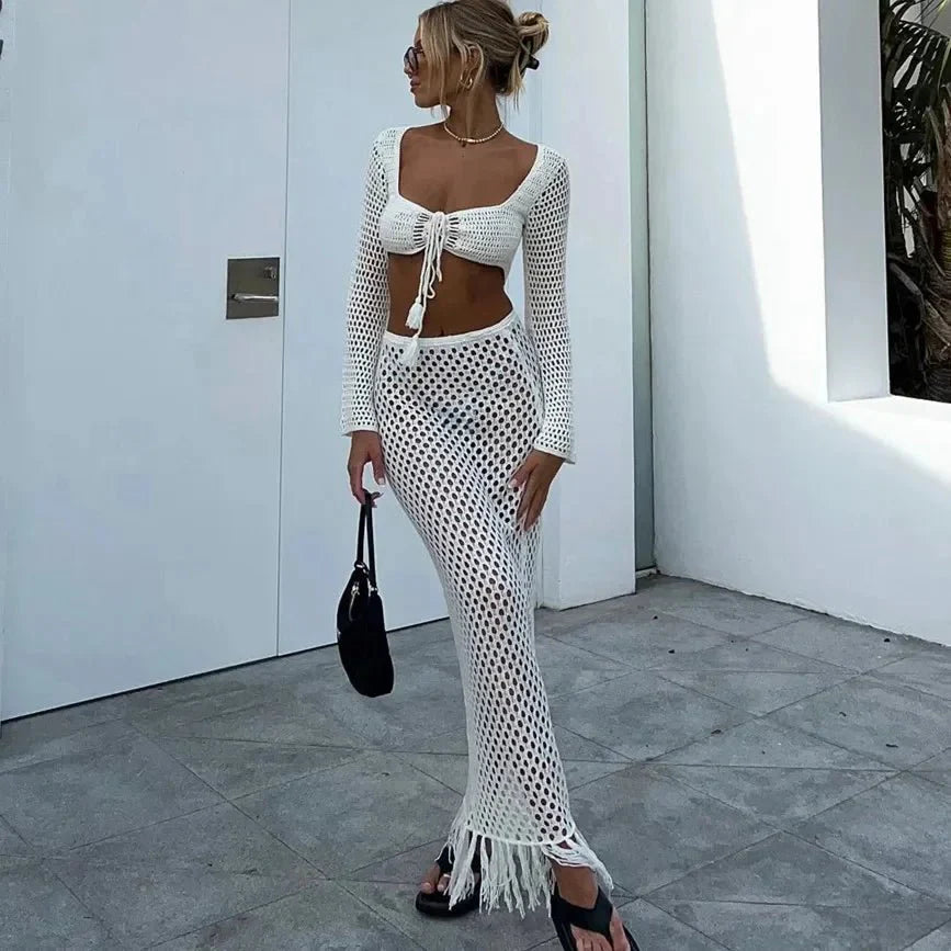 Paréo Ensemble Jupe et Top Manches Longues en Crochet et Beach Cover Up