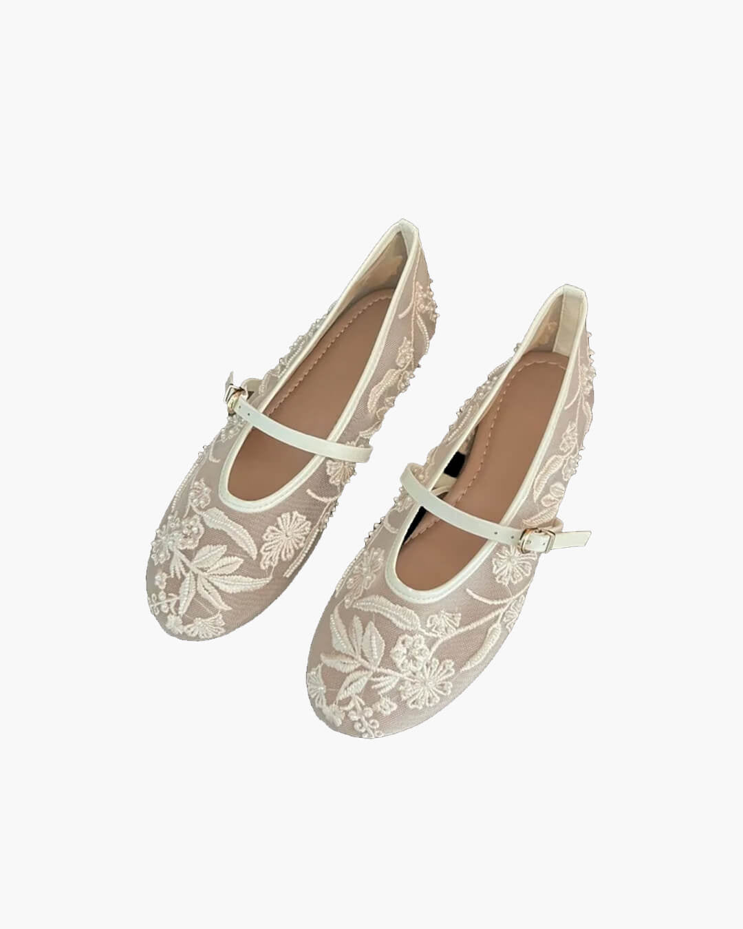 Sapatos Mary Jane em Malha Bordada com Pérolas e Tira Ajustável para Mulher