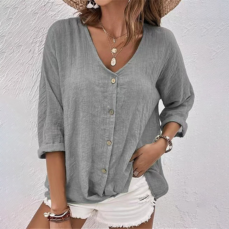 Blusa in Cotone con Scollo a V e Maniche Lunghe con Bottoni da Donna Taglio Ampio