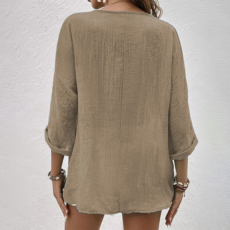 Blusa in Cotone con Scollo a V e Maniche Lunghe con Bottoni da Donna Taglio Ampio
