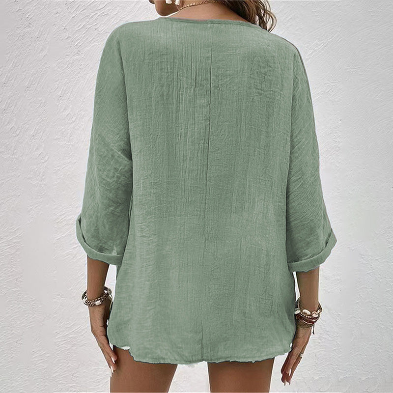 Blusa in Cotone con Scollo a V e Maniche Lunghe con Bottoni da Donna Taglio Ampio