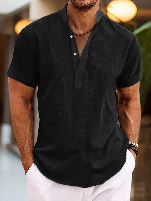 Camicia Henley in Cotone e Lino a Maniche Corte da Uomo