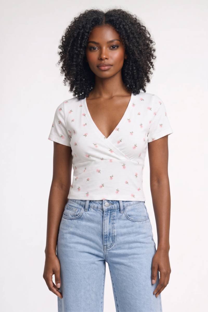 Crop top cache-cœur pour femme à manches courtes et col en v — quotidien