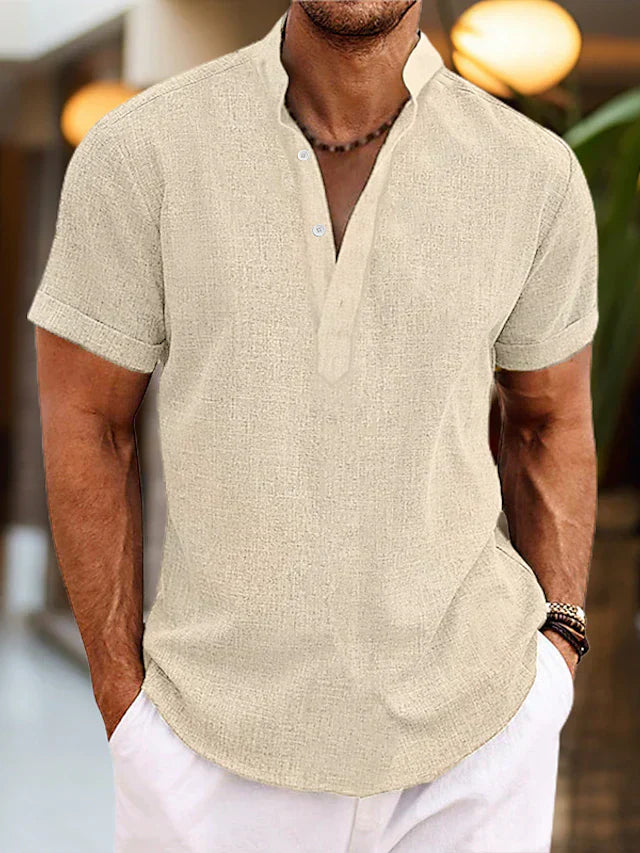 Camicia Henley in Cotone e Lino a Maniche Corte da Uomo