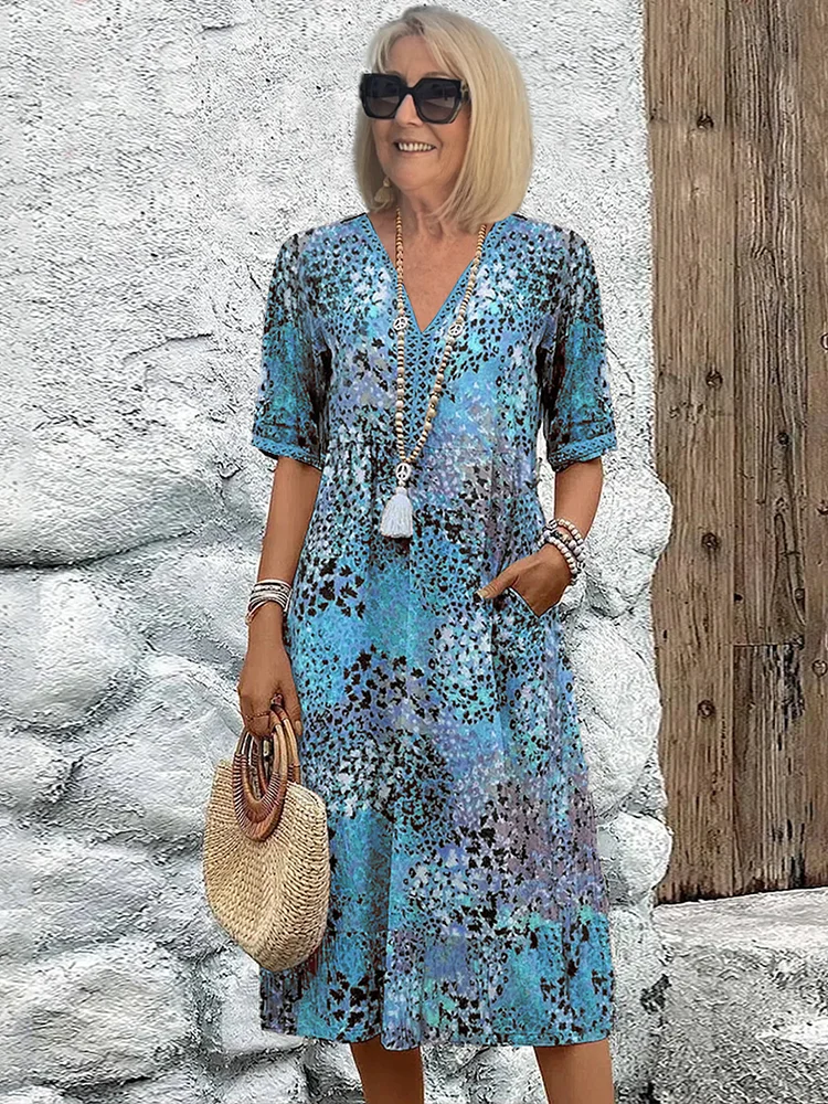Vestido midi estampado para mujer — corte trapecio y cuello en V — vacaciones