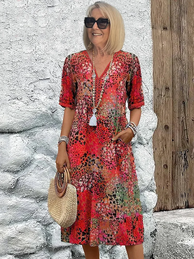 Women's printed midi dress — trapeze cut and V-neck — vacation