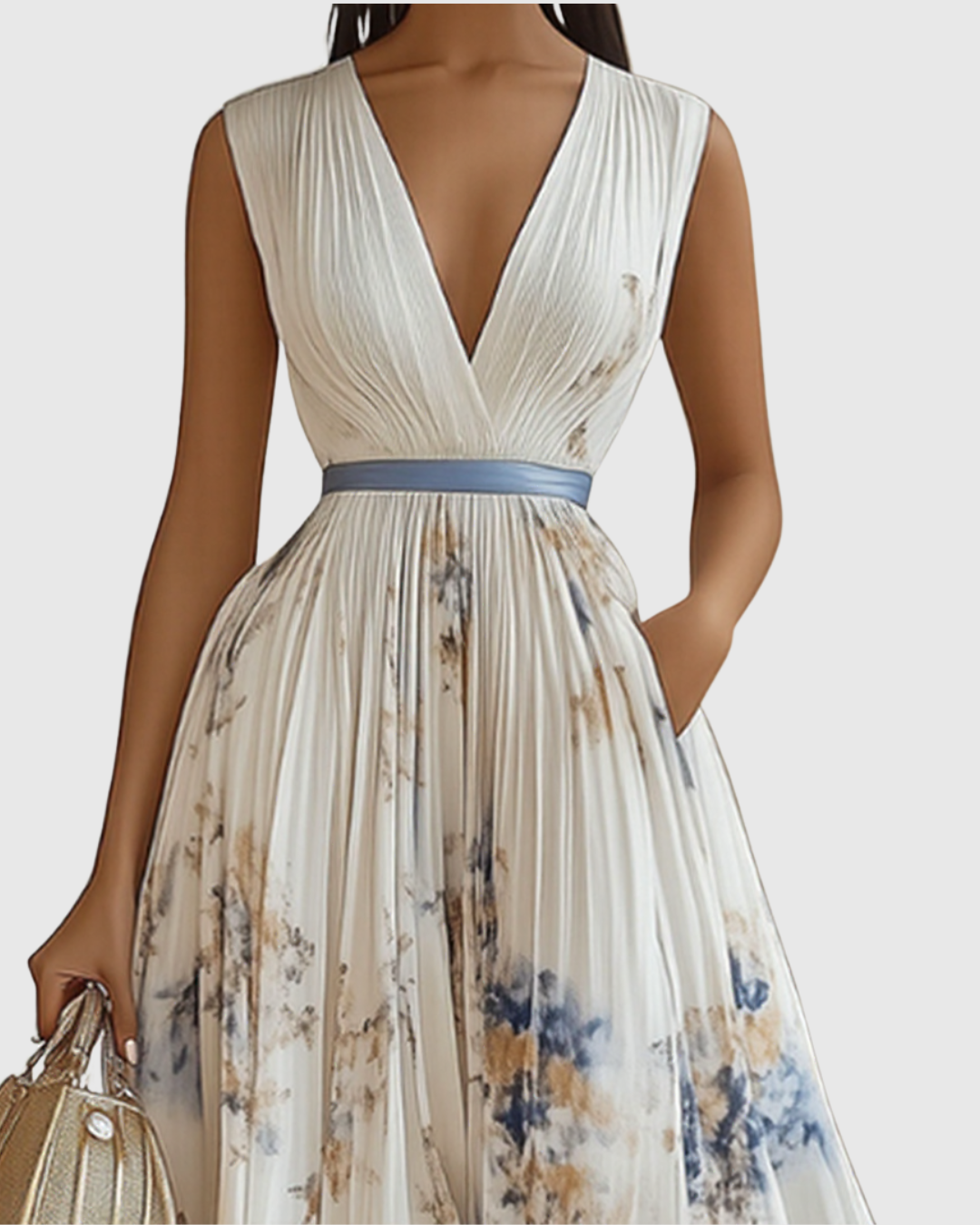 Vestido midi trapecio para mujer — sin mangas y falda plisada — ceremonia