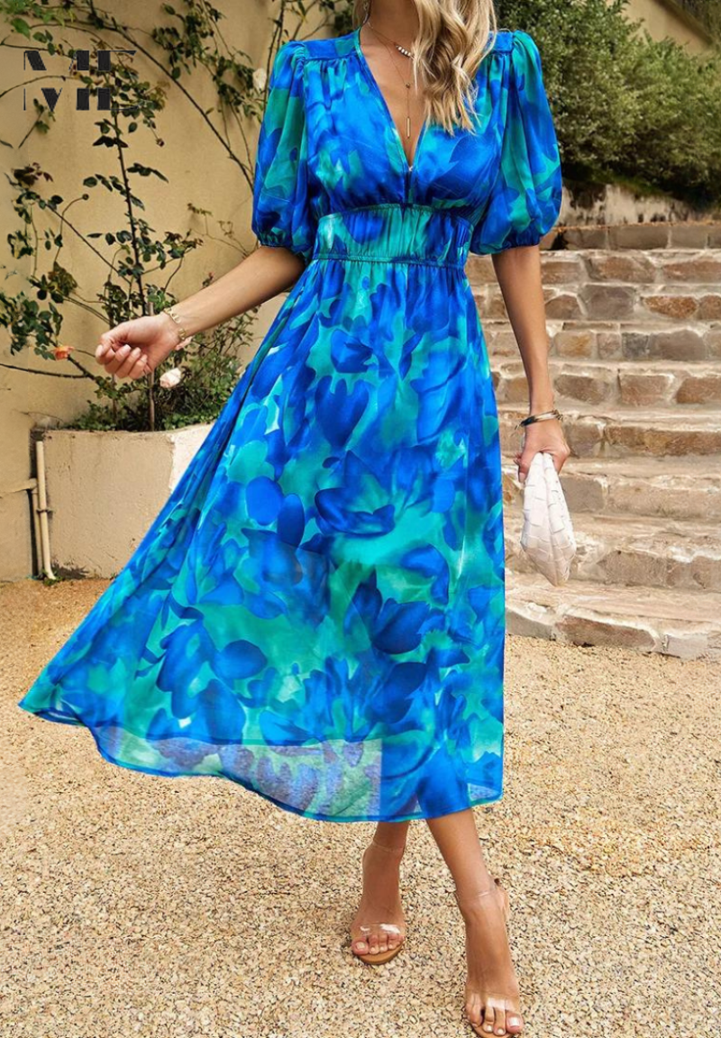Abito midi da donna - taglio a trapezio con scollo a V e stampa vegetale - vacanze