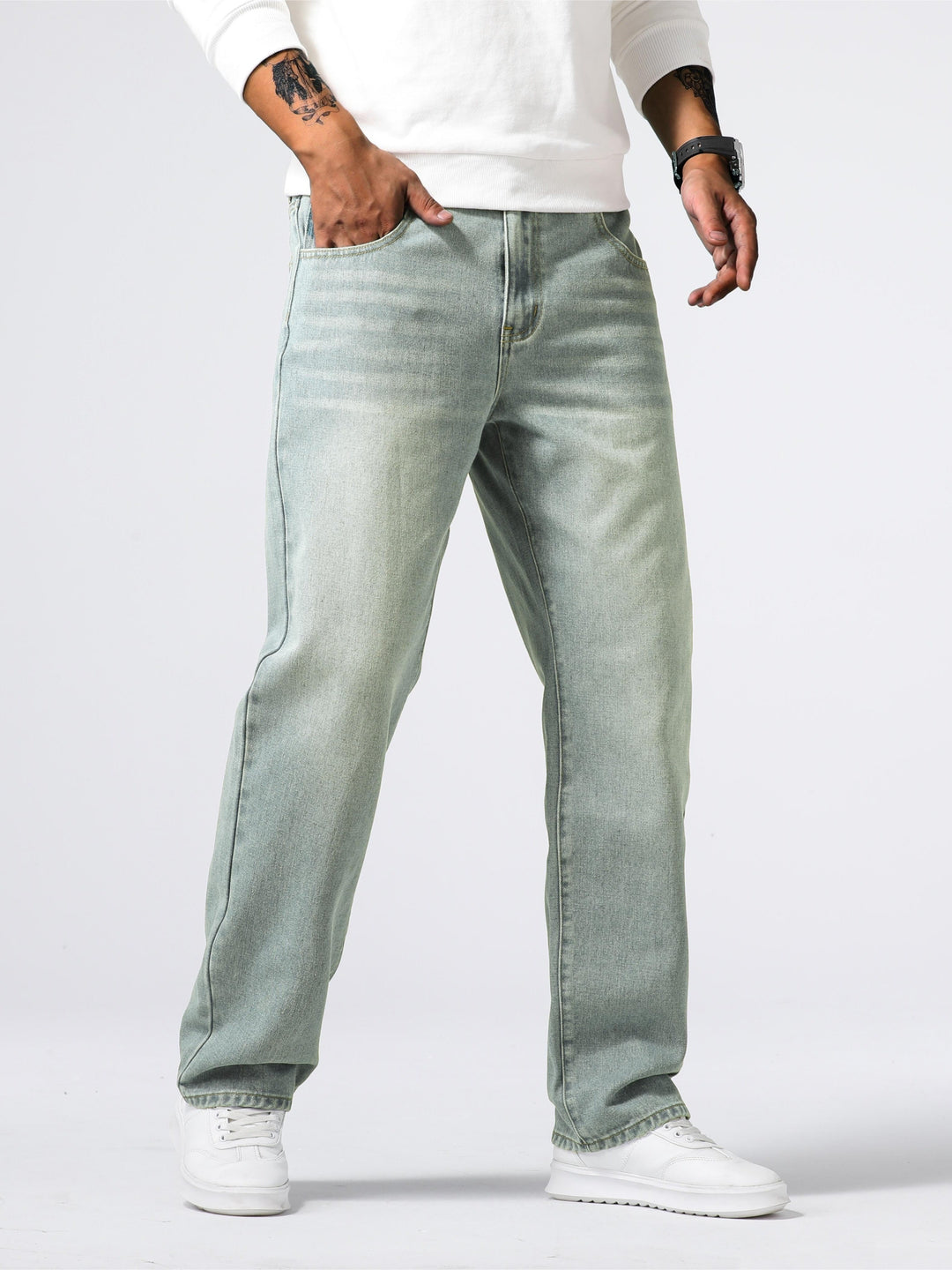 Jeans masculino de corte reto, para o dia a dia, com efeito desbotado e estilo casual atemporal