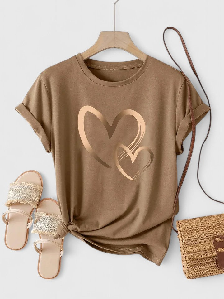 Short Sleeve T-shirt with Heart Print and Round Neck for Women Relaxed Fit
