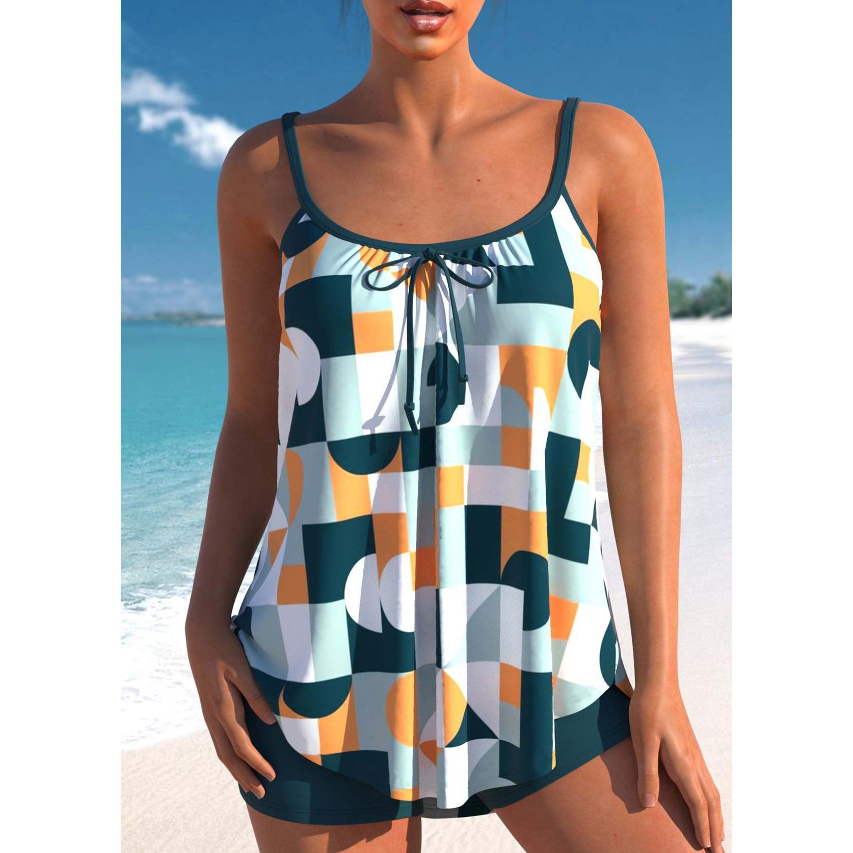 Maillot de Bain Tankini Taille Haute avec Haut Évasé et Short de Natation