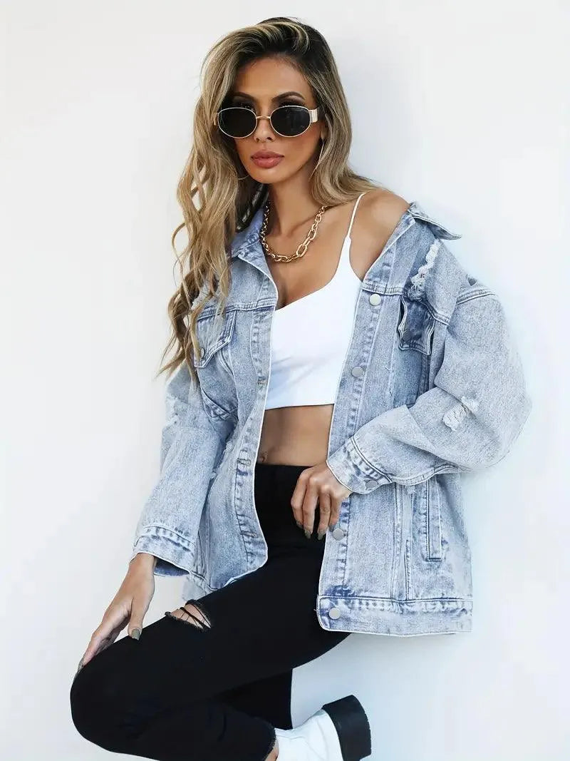 Giacca oversize in jeans con maniche lunghe e bottoni da donna