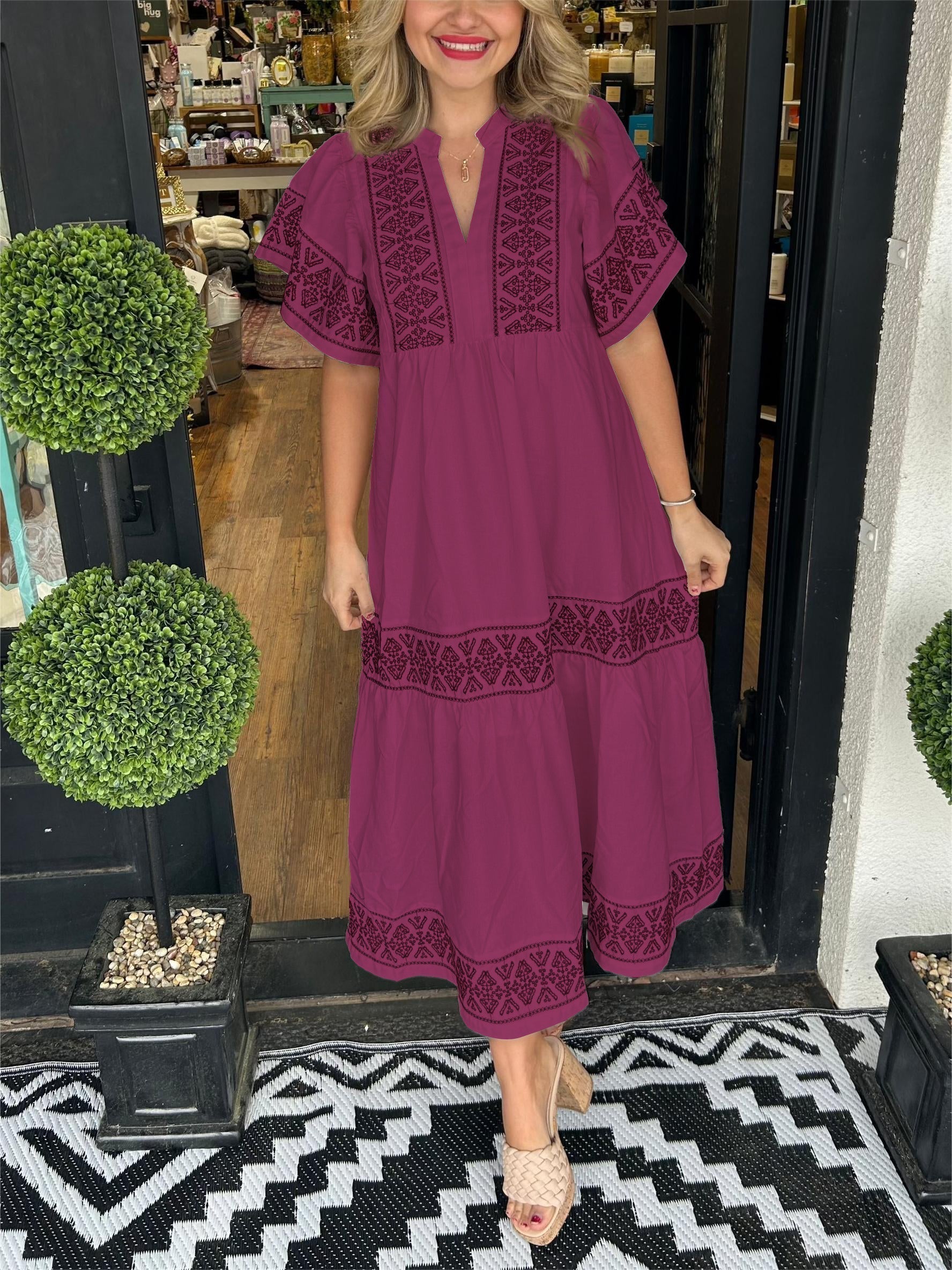 Robe Longue de Style Bohème avec Broderie et Col en V
