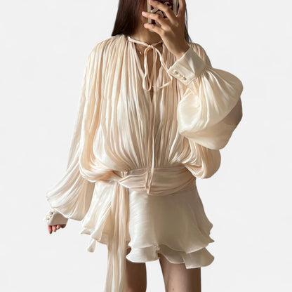 Velclairemode | Robe-Chemise Mini Femme Unie – Col V, Manches Longues, Détail Lacé & Design Structuré