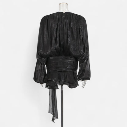 Velclairemode | Robe-Chemise Mini Femme Unie – Col V, Manches Longues, Détail Lacé & Design Structuré