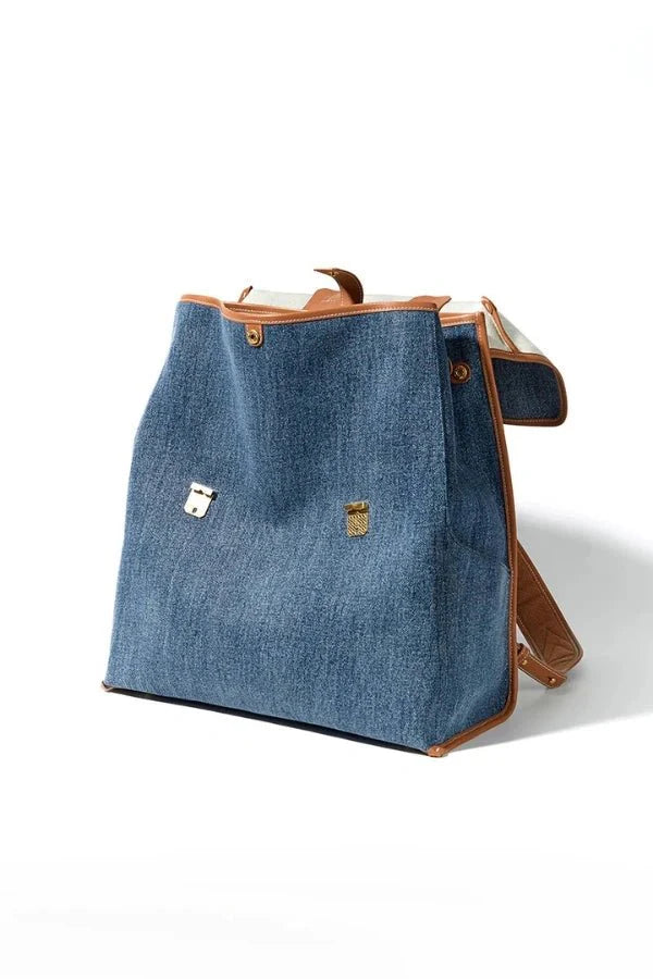 Sac à Dos de Voyage en Denim et Cuir avec Compartiment Ordinateur 16 Pouces