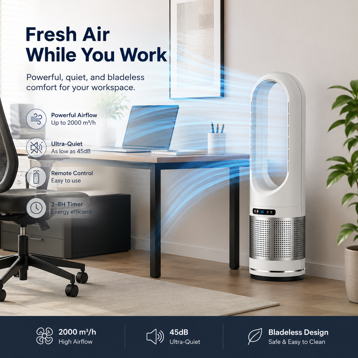 Ventilador de columna sin aspas con control remoto