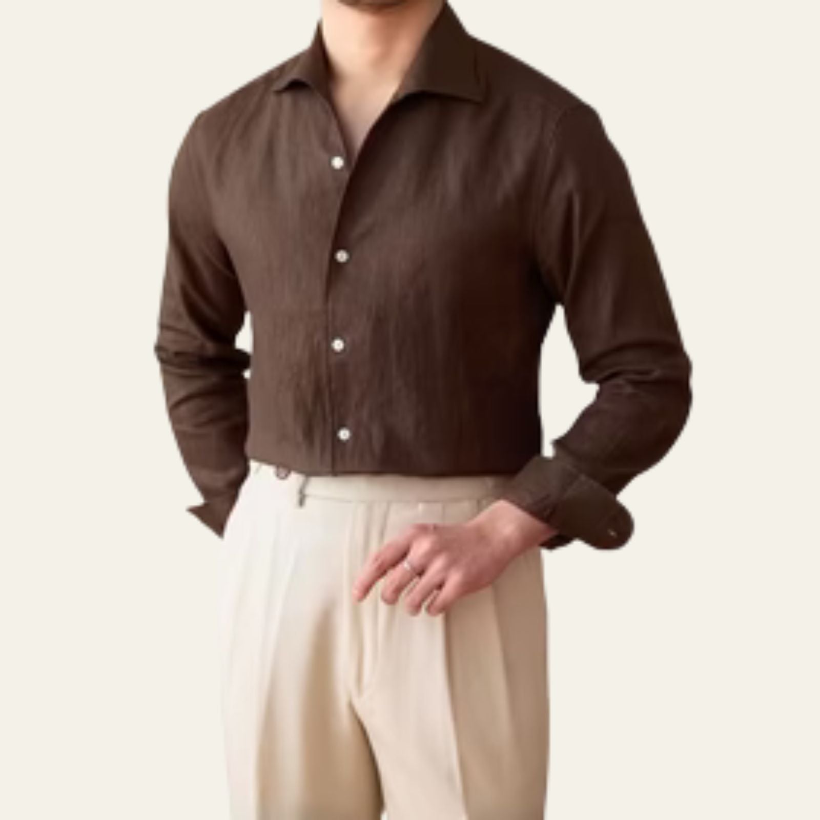 Chemise en Coton et Lin à Manches Longues pour Homme avec Col Rabattu et Boutons