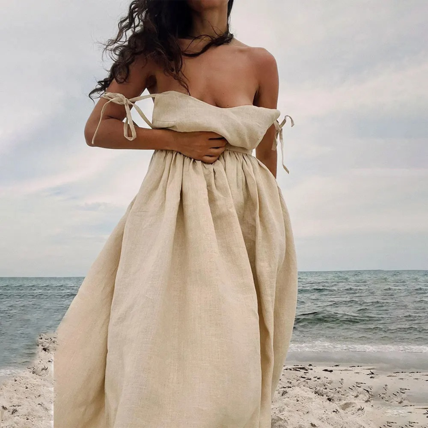 Robe Longue Trapèze à Bretelles avec Poches et Dos Nu en Fibre Naturelle pour Femme