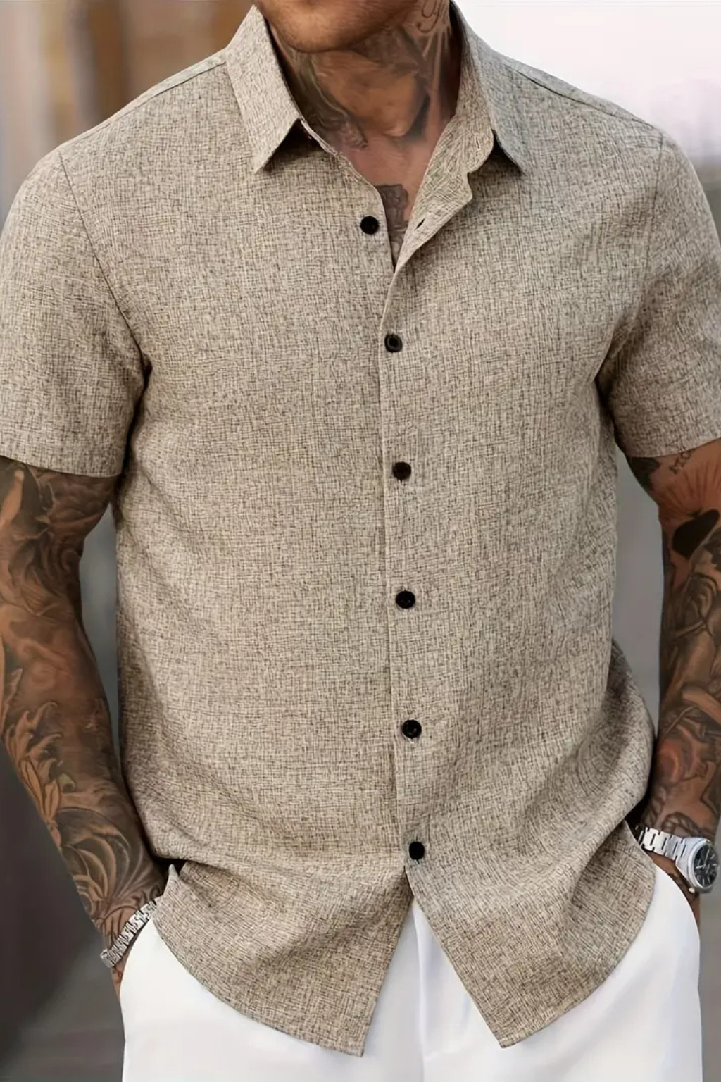 Camisa Casual de Manga Curta para Homem com Textura Sutil e Gola Pontuda