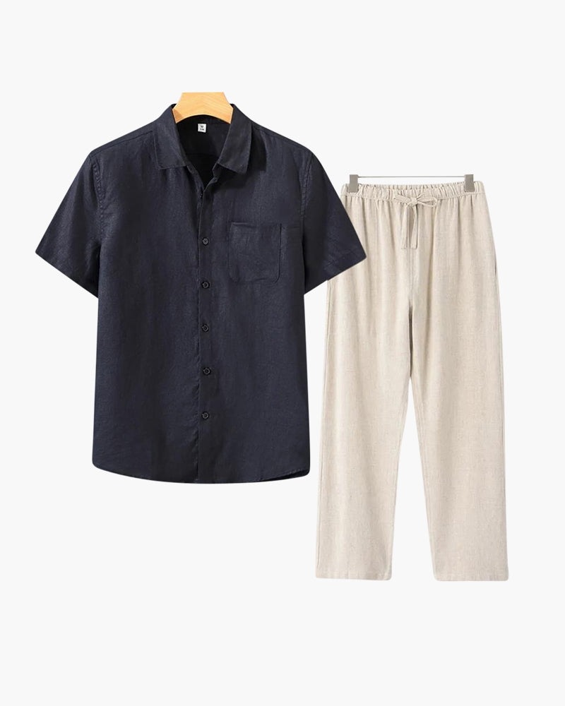 Set de relaxare din in pur pentru bărbați, cu cămașă cu mâneci lungi și pantaloni