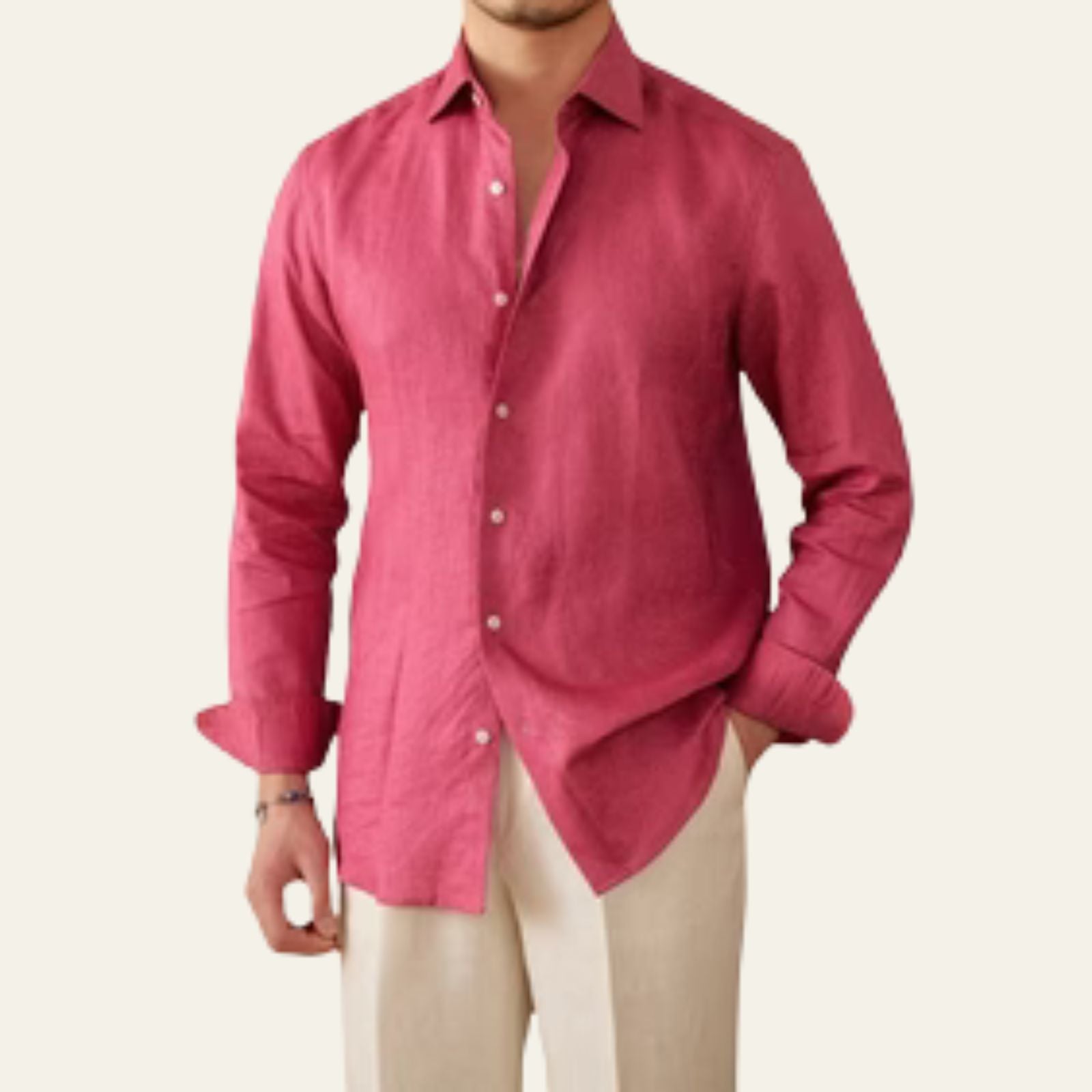 Chemise en Coton et Lin à Manches Longues pour Homme avec Col Rabattu et Boutons