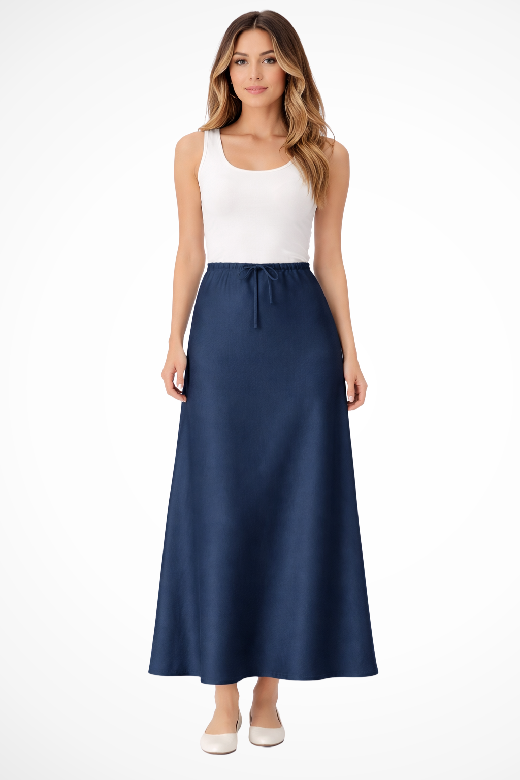Jupe Longue en Satin à Taille Haute Froncée et Panneaux Superposés
