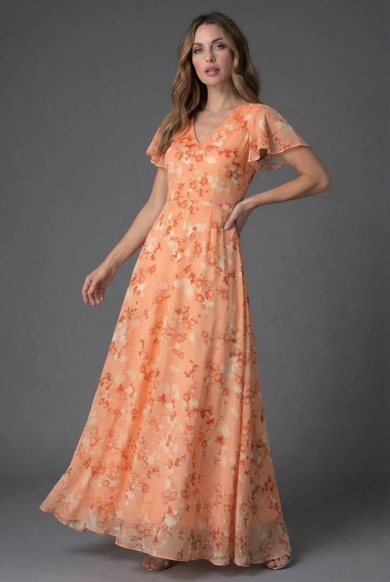 Rochie de cocktail pentru invitați la nuntă, imprimată, cu mâneci evazate și fustă cloș