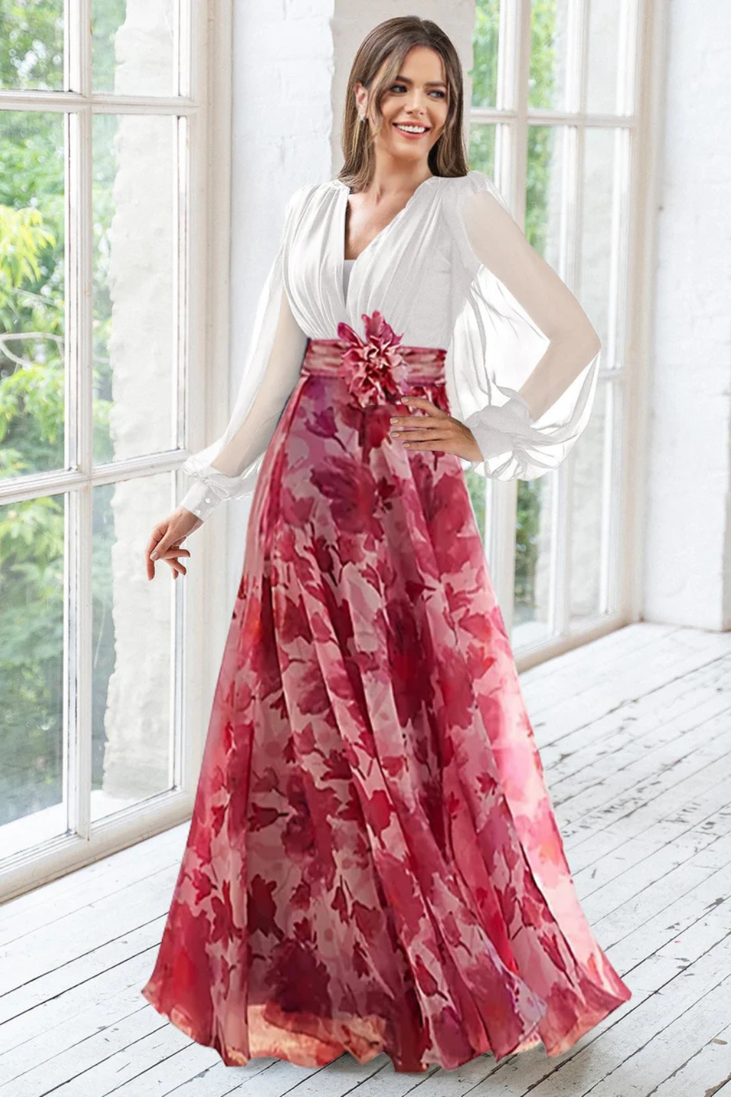 Ceremony Dress Wedding Guest Dress Long with Botanical Print and Puff Sleeves