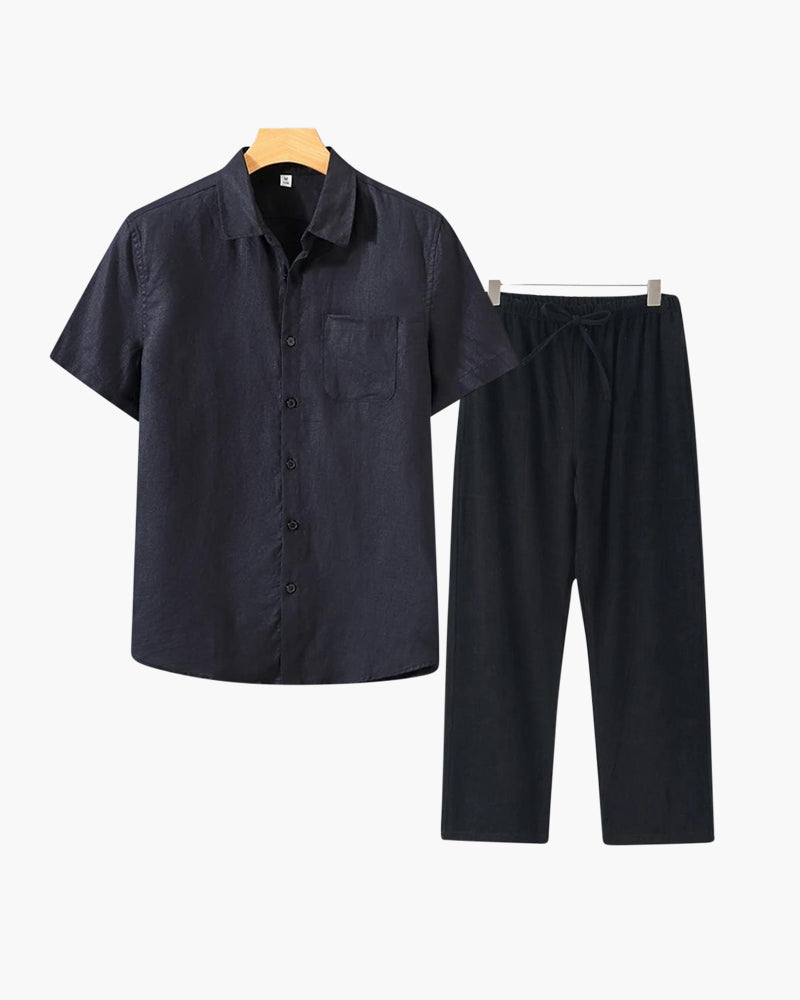 Set de relaxare din in pur pentru bărbați, cu cămașă cu mâneci lungi și pantaloni