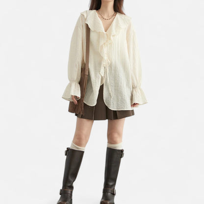Velclairemode | Blouse Décontractée Femme à Volants Raffinés – Col V Lacé, Élégance Spontanée