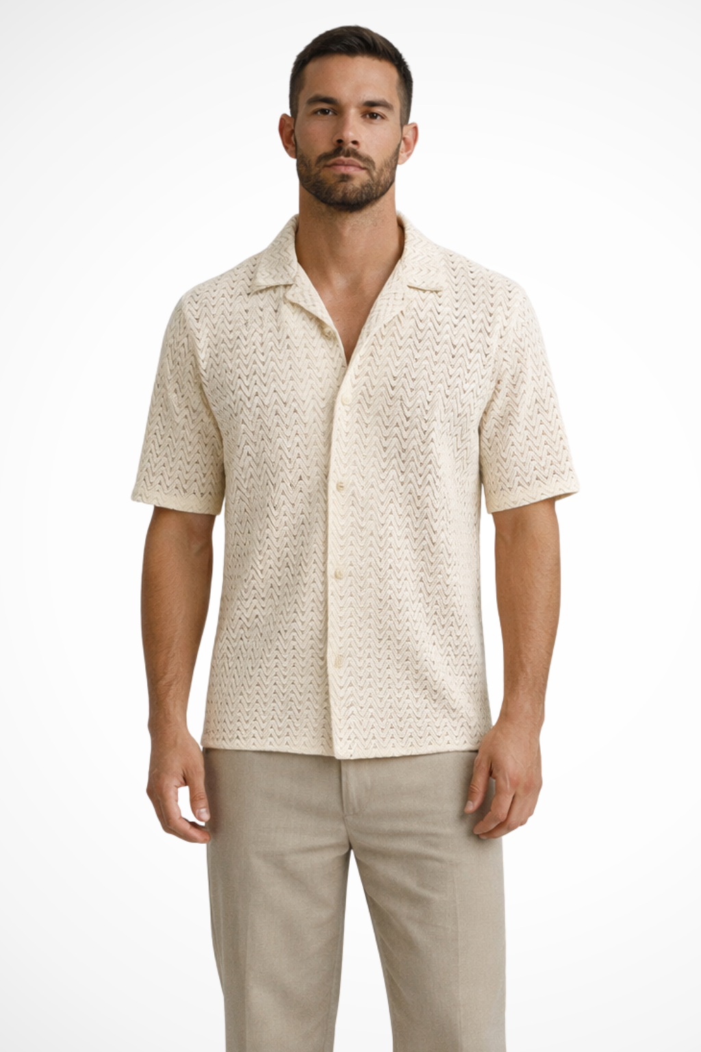 Chemise en Maille Texturée à Chevrons et Col Ouvert pour Homme