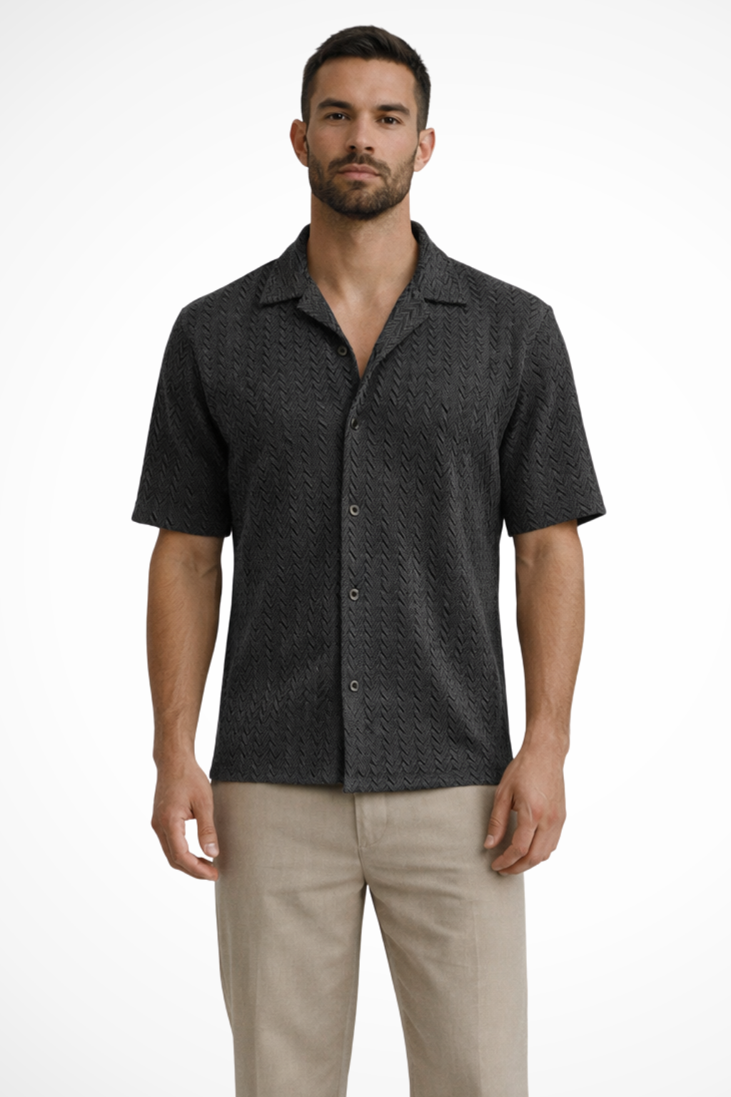 Chemise en Maille Texturée à Chevrons et Col Ouvert pour Homme