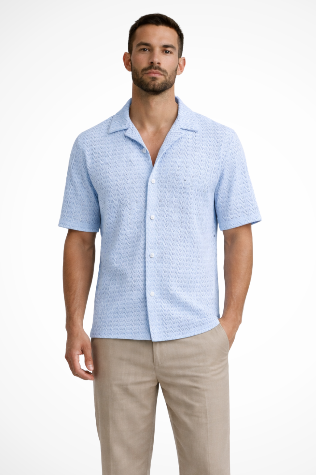 Chemise en Maille Texturée à Chevrons et Col Ouvert pour Homme