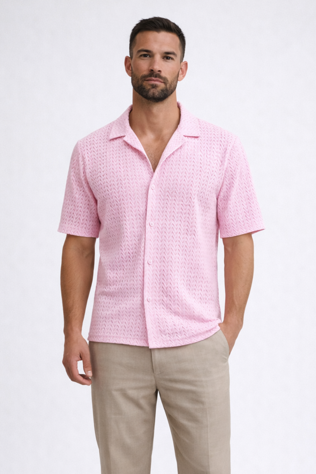 Chemise en Maille Texturée à Chevrons et Col Ouvert pour Homme