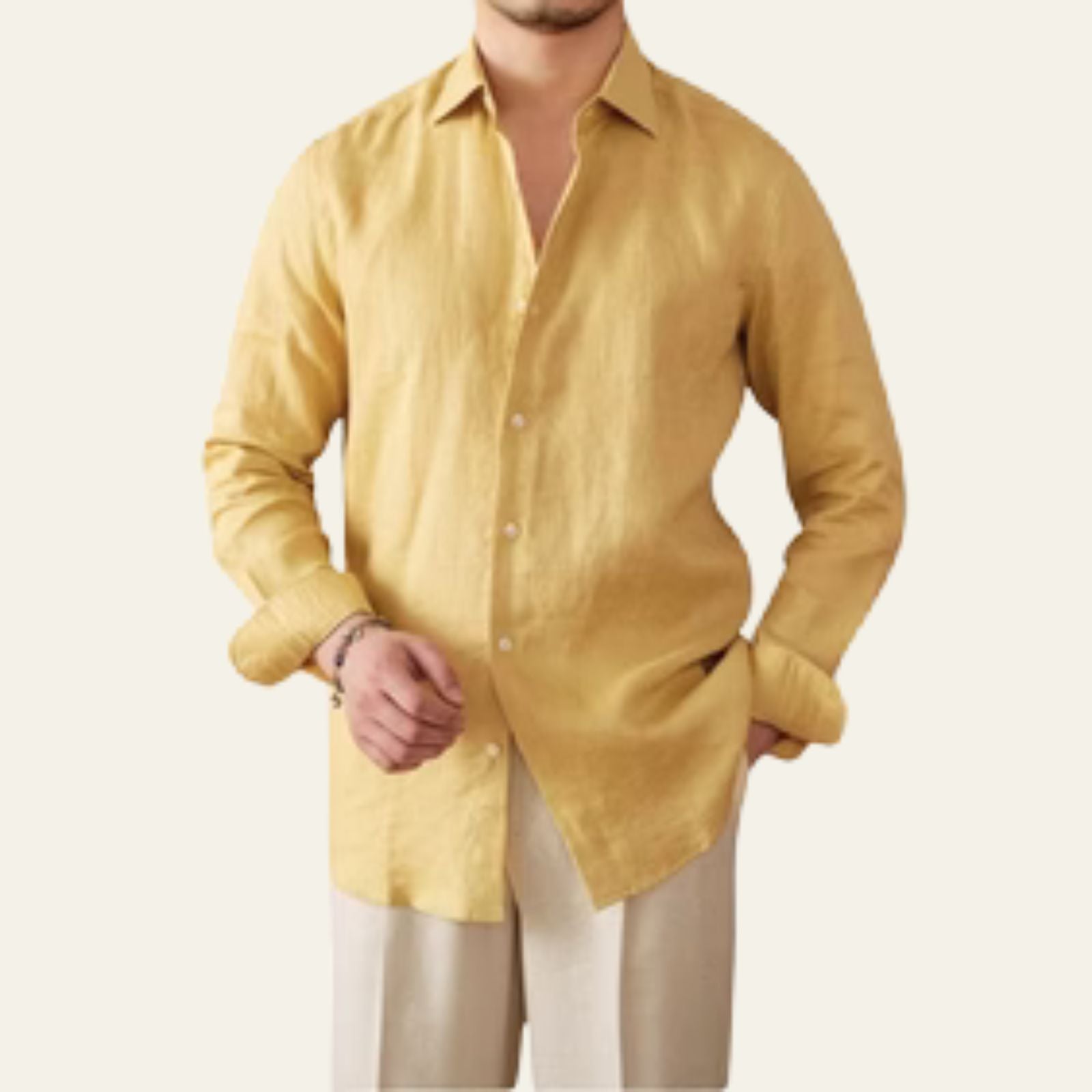 Chemise en Coton et Lin à Manches Longues pour Homme avec Col Rabattu et Boutons