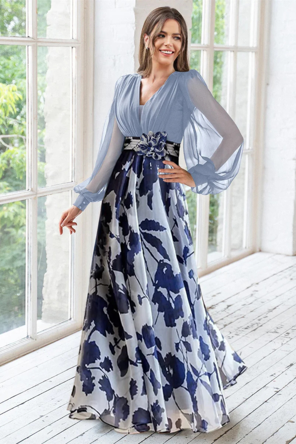 Ceremony Dress Wedding Guest Dress Long with Botanical Print and Puff Sleeves