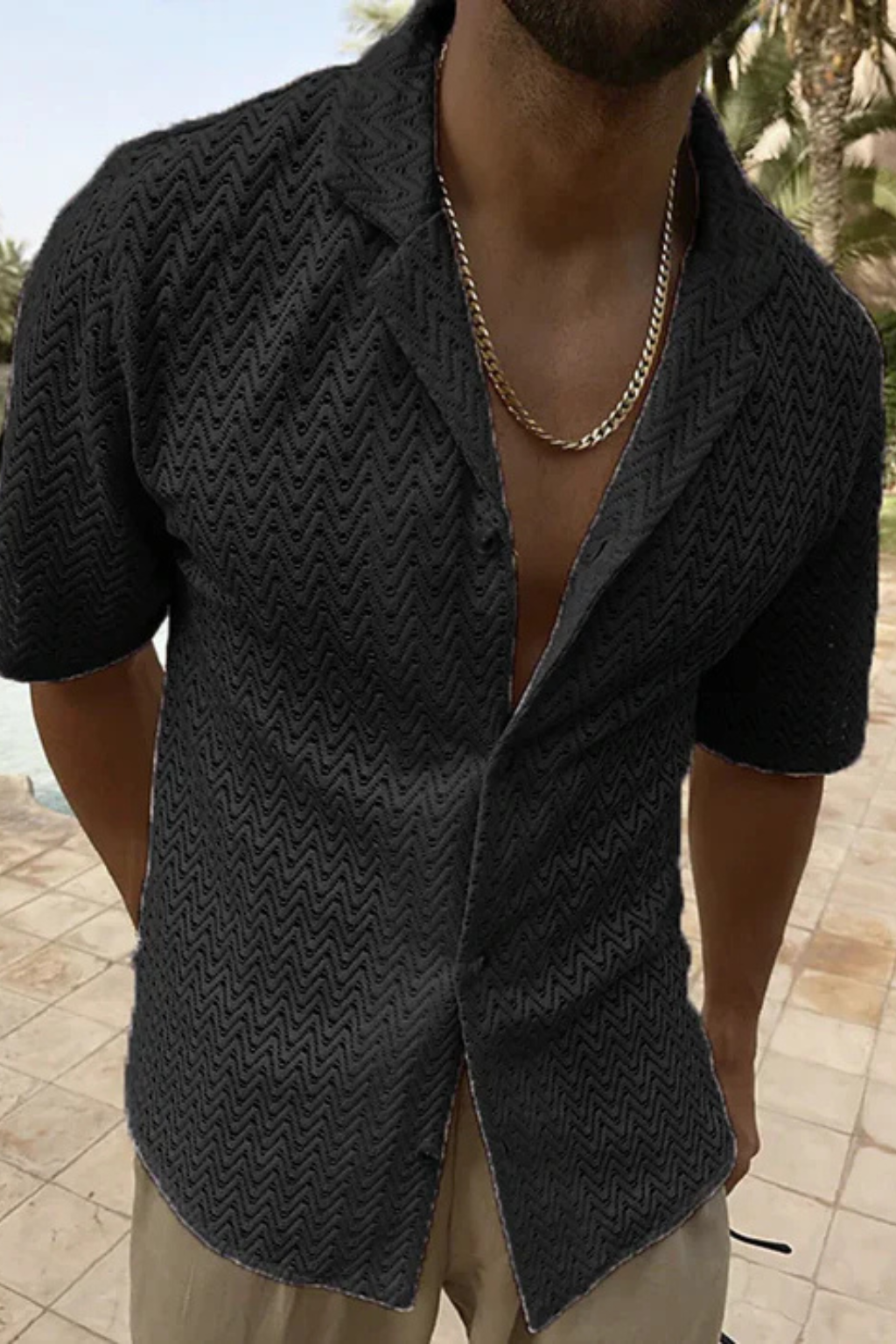 Chemise en Maille Texturée à Chevrons et Col Ouvert pour Homme