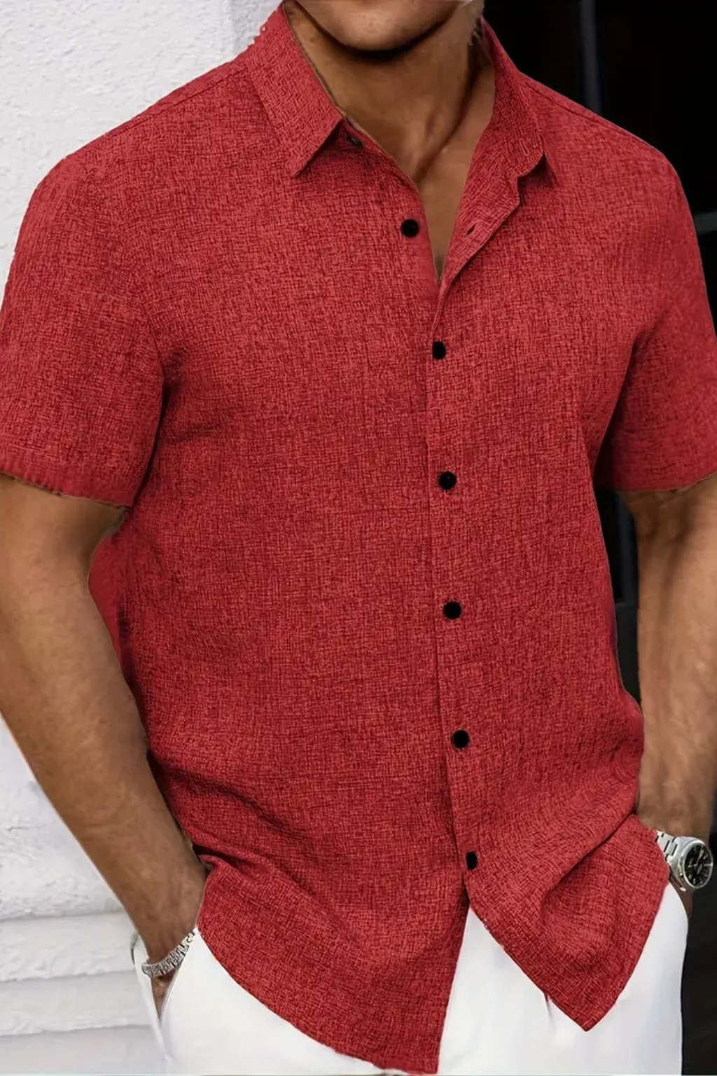 Camisa Casual de Manga Curta para Homem com Textura Sutil e Gola Pontuda