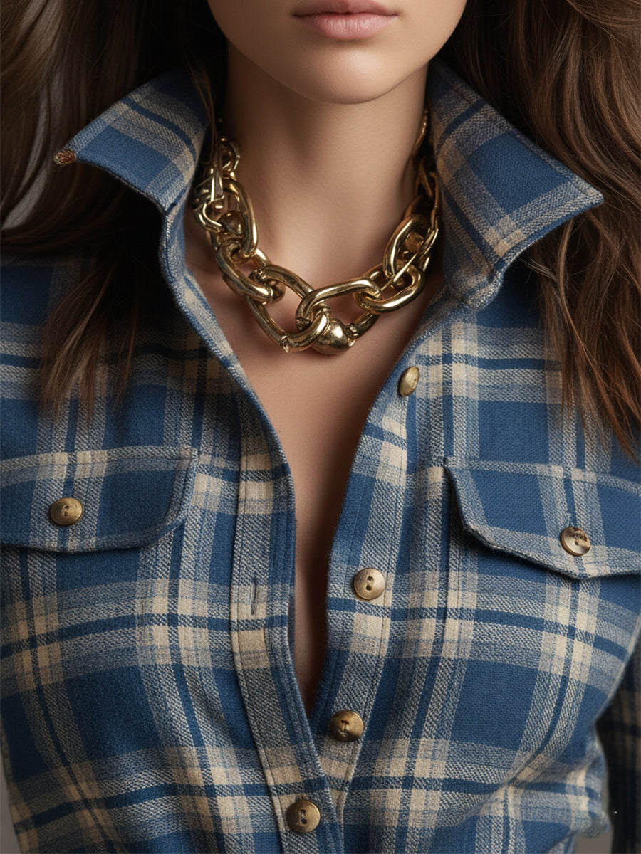 Robe Longue Chemise à Imprimé Écossais avec Manches Longues et Col Rabattu