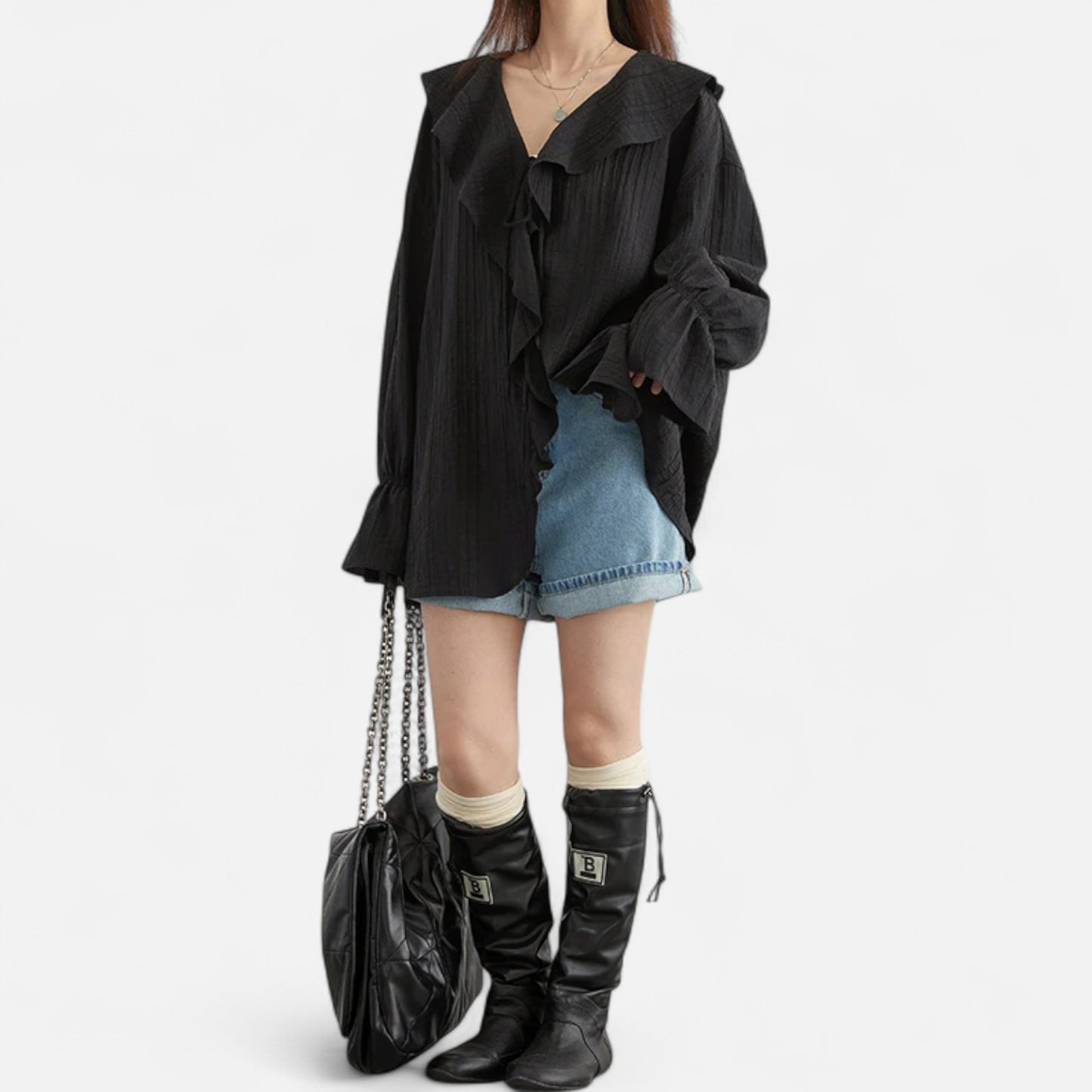 Velclairemode | Blouse Décontractée Femme à Volants Raffinés – Col V Lacé, Élégance Spontanée