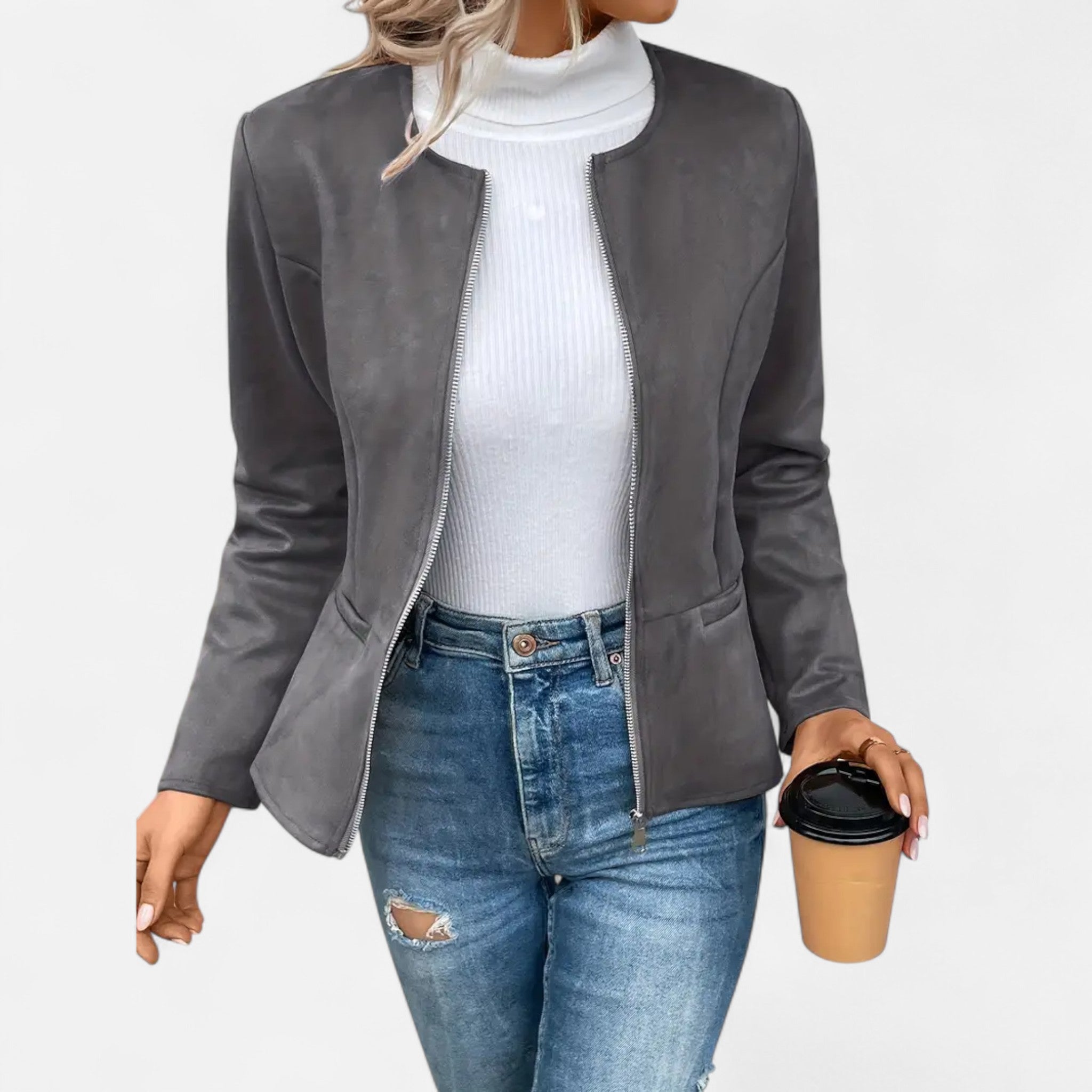 Velclairemode | Women's Short Zip-Up Jacket with Elegant Round Neck