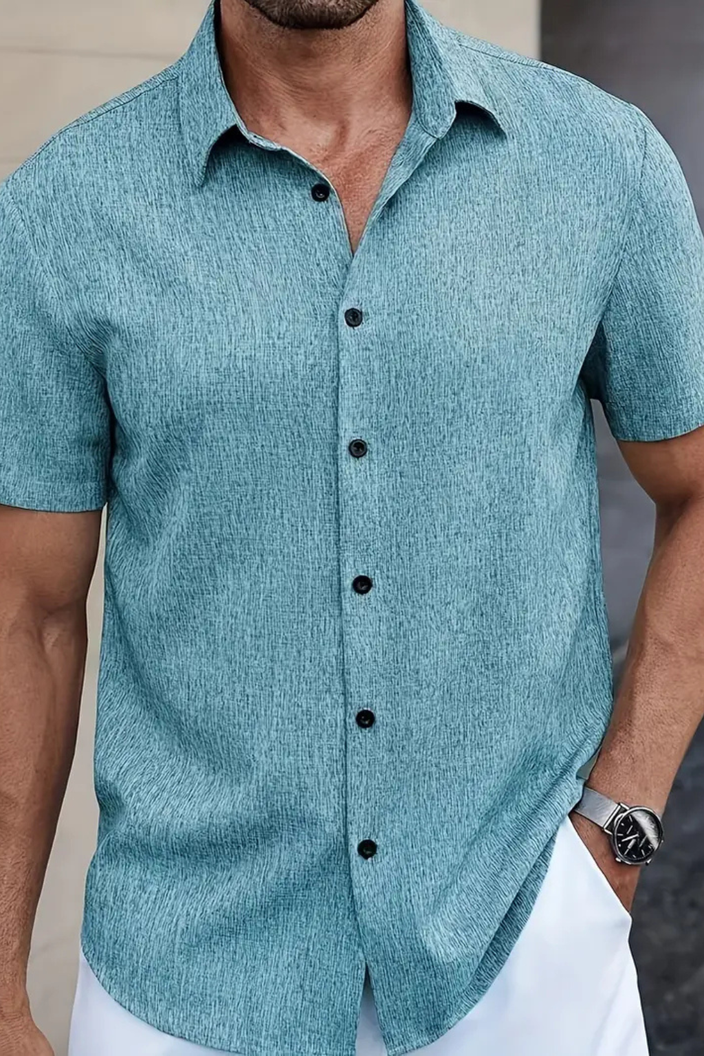 Camisa Casual de Manga Curta para Homem com Textura Sutil e Gola Pontuda