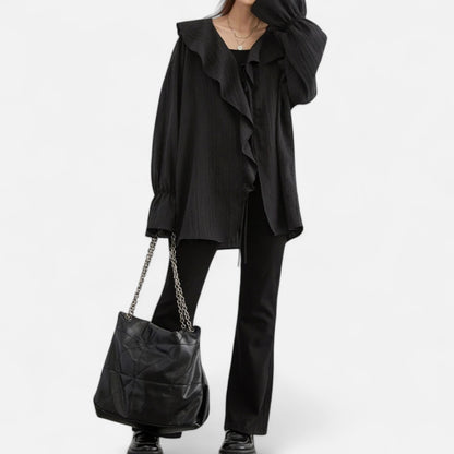 Velclairemode | Blouse Décontractée Femme à Volants Raffinés – Col V Lacé, Élégance Spontanée