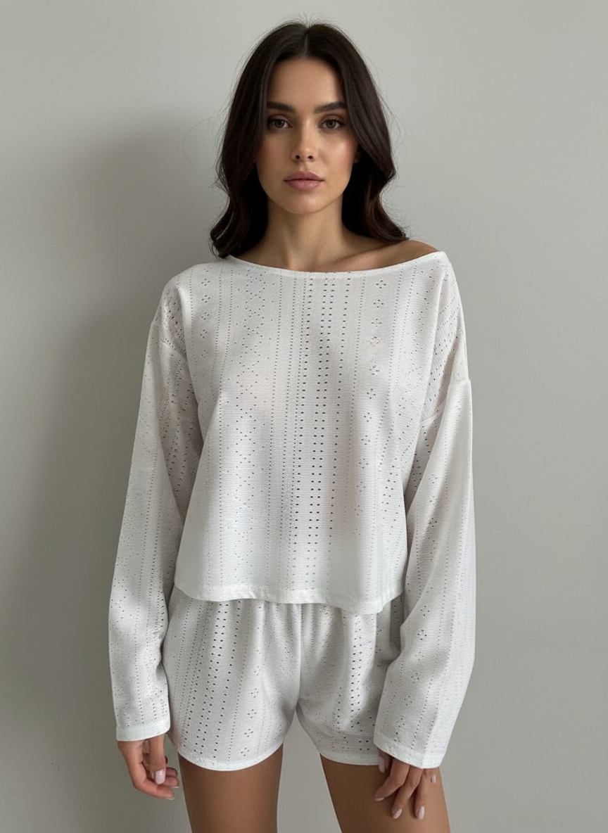 Ensemble Pyjama 2 Pièces à Manches Longues et Short avec Taille Élastique pour Femme